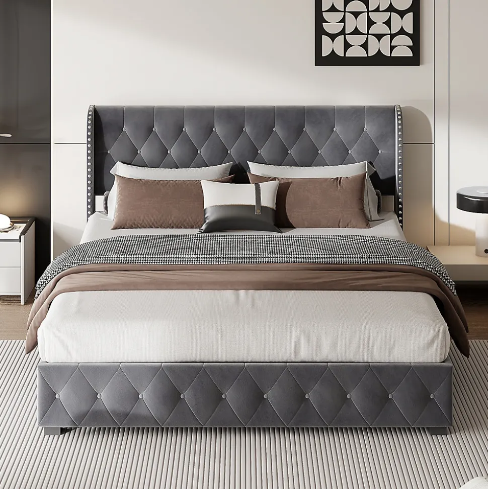 Lit Double,Lit 160 x 200 avec Sommier,Cadre de Lit avec Sommier à Lattes et Tête de Lit,Rembourrage à Boutons,sans Matelas,Gris