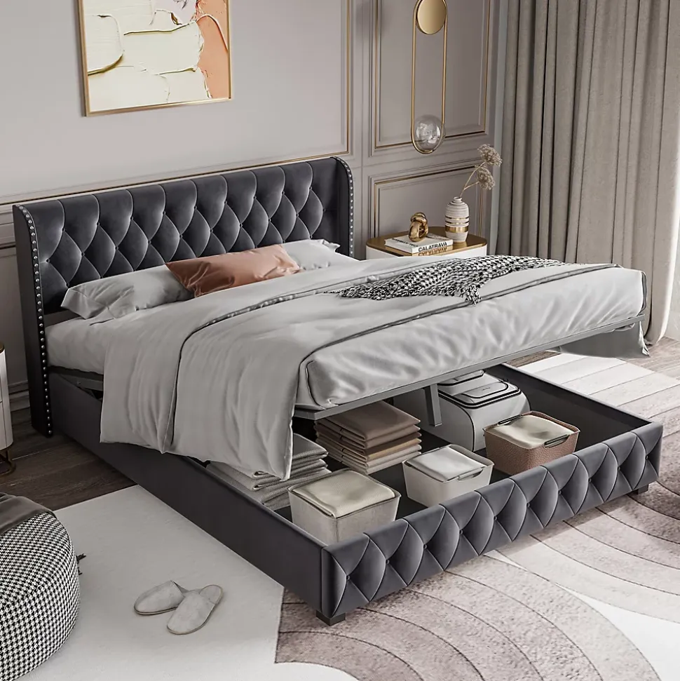 Lit Double,Lit 160 x 200 avec Sommier,Cadre de Lit avec Sommier à Lattes et Tête de Lit,Rembourrage à Boutons,sans Matelas,Gris