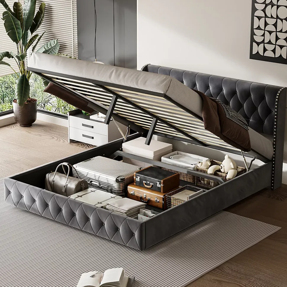 Lit Double,Lit 160 x 200 avec Sommier,Cadre de Lit avec Sommier à Lattes et Tête de Lit,Rembourrage à Boutons,sans Matelas,Gris