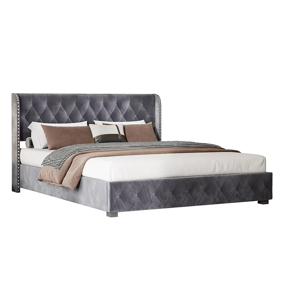 Lit Double,Lit 160 x 200 avec Sommier,Cadre de Lit avec Sommier à Lattes et Tête de Lit,Rembourrage à Boutons,sans Matelas,Gris