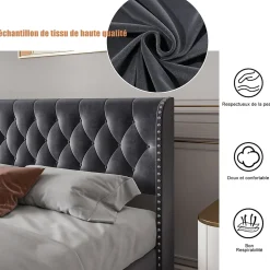 Lit Double,Lit 160 x 200 avec Sommier,Cadre de Lit avec Sommier à Lattes et Tête de Lit,Rembourrage à Boutons,sans Matelas,Gris