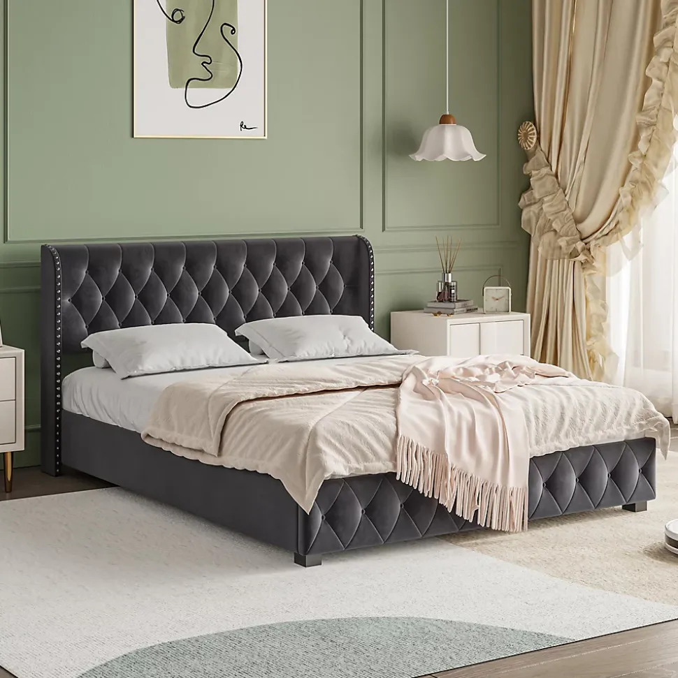 Lit Double,Lit 160 x 200 avec Sommier,Cadre de Lit avec Sommier à Lattes et Tête de Lit,Rembourrage à Boutons,sans Matelas,Gris