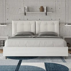 Lit Egos Annalisa avec sommier 160x200 et coussins simili cuir blanc