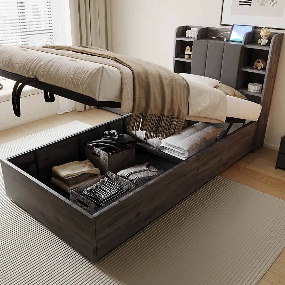 Lit en bois 90 par 200 cm lit hydraulique tête avec rangement ports USB et Type C lit simple couleur gris sans matelas