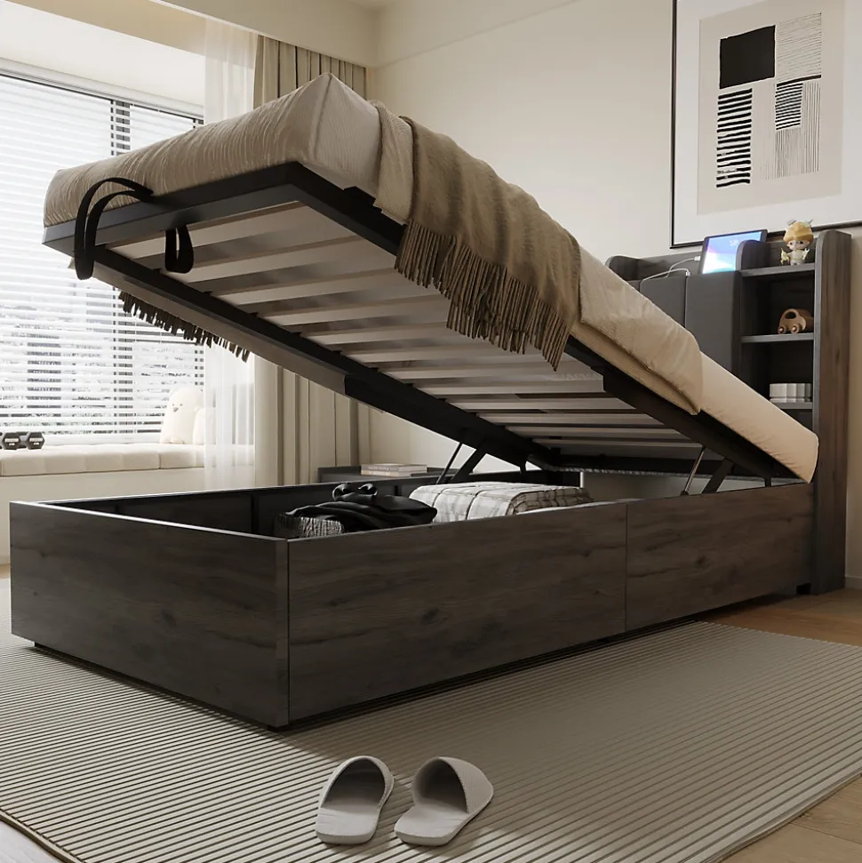 Lit en bois 90 par 200 cm lit hydraulique tête avec rangement ports USB et Type C lit simple couleur gris sans matelas