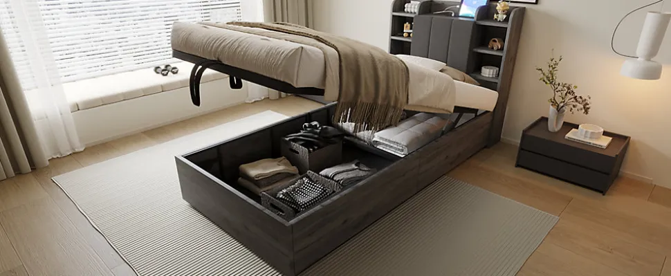 Lit en bois 90 par 200 cm lit hydraulique tête avec rangement ports USB et Type C lit simple couleur gris sans matelas