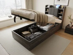 Lit en bois 90 par 200 cm lit hydraulique tête avec rangement ports USB et Type C lit simple couleur gris sans matelas