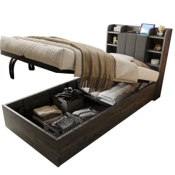 Lit en bois 90 par 200 cm lit hydraulique tête avec rangement ports USB et Type C lit simple couleur gris sans matelas