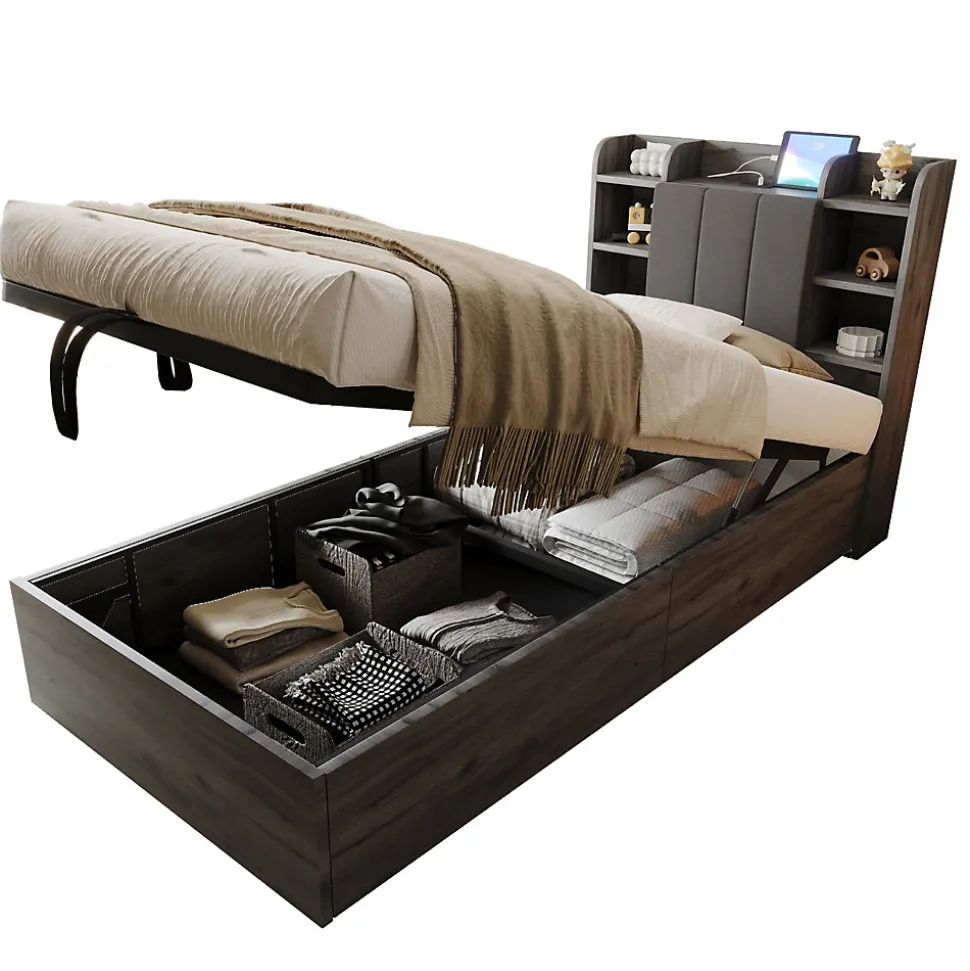 Lit en bois 90 par 200 cm lit hydraulique tête avec rangement ports USB et Type C lit simple couleur gris sans matelas