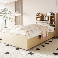 Lit en bois 90 par 200 cm lit hydraulique tête avec rangement ports USB et type C lit simple couleur bois sans matelas