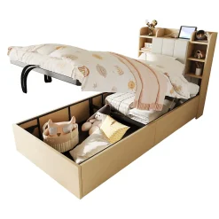 Lit en bois 90 par 200 cm lit hydraulique tête avec rangement ports USB et type C lit simple couleur bois sans matelas