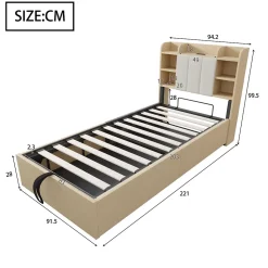 Lit en bois 90 par 200 cm lit hydraulique tête avec rangement ports USB et type C lit simple couleur bois sans matelas