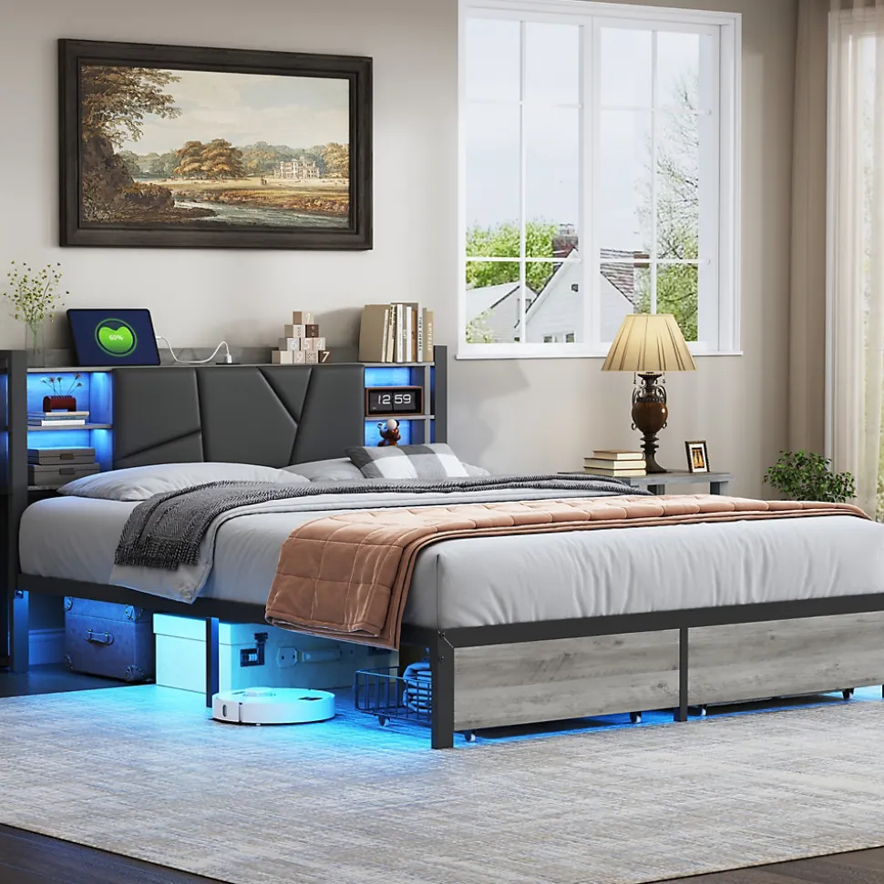 Lit en bois de fer 140x200 tête de lit lit avec lampe avec bout de lit double tiroirs chargeur