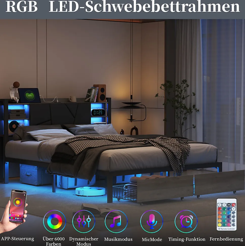 Lit en bois de fer 140x200 tête de lit lit avec lampe avec bout de lit double tiroirs chargeur