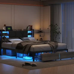 Lit en bois de fer 140x200 tête de lit lit avec lampe avec bout de lit double tiroirs chargeur