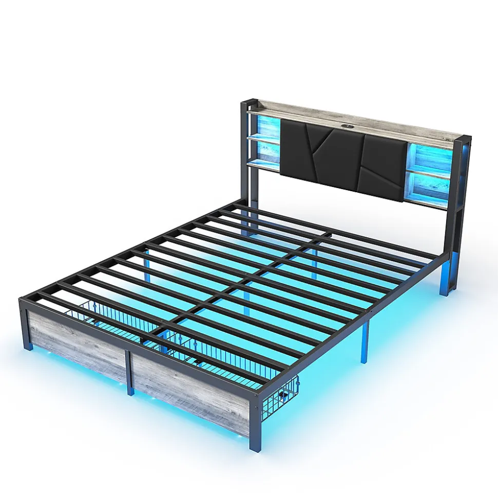 Lit en bois de fer 140x200 tête de lit lit avec lampe avec bout de lit double tiroirs chargeur