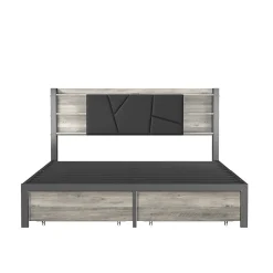 Lit en bois de fer 140x200 tête de lit lit avec lampe avec bout de lit double tiroirs chargeur