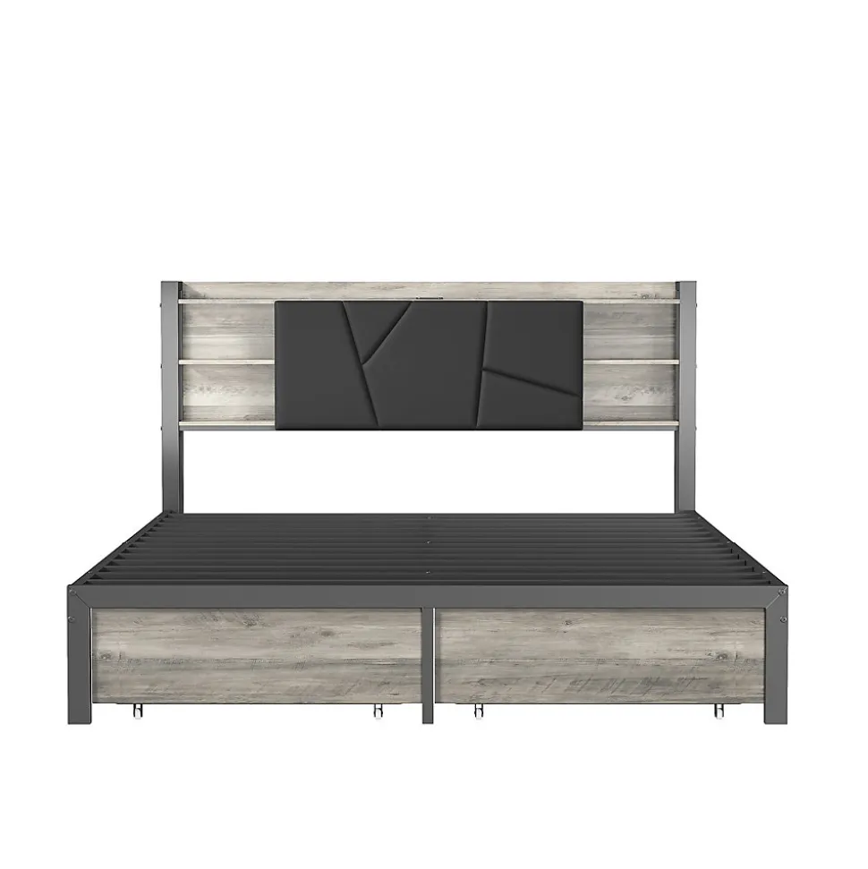 Lit en bois de fer 140x200 tête de lit lit avec lampe avec bout de lit double tiroirs chargeur