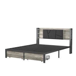 Lit en bois de fer 140x200 tête de lit lit avec lampe avec bout de lit double tiroirs chargeur