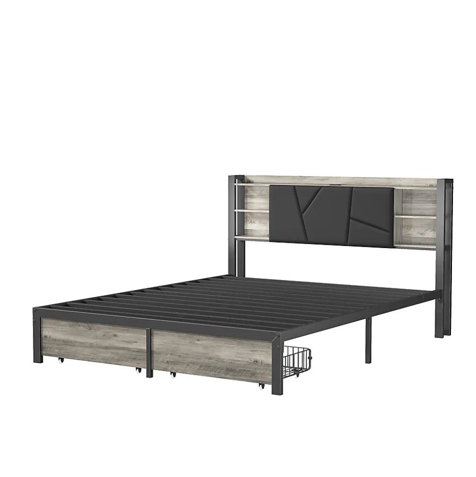 Lit en bois de fer 140x200 tête de lit lit avec lampe avec bout de lit double tiroirs chargeur