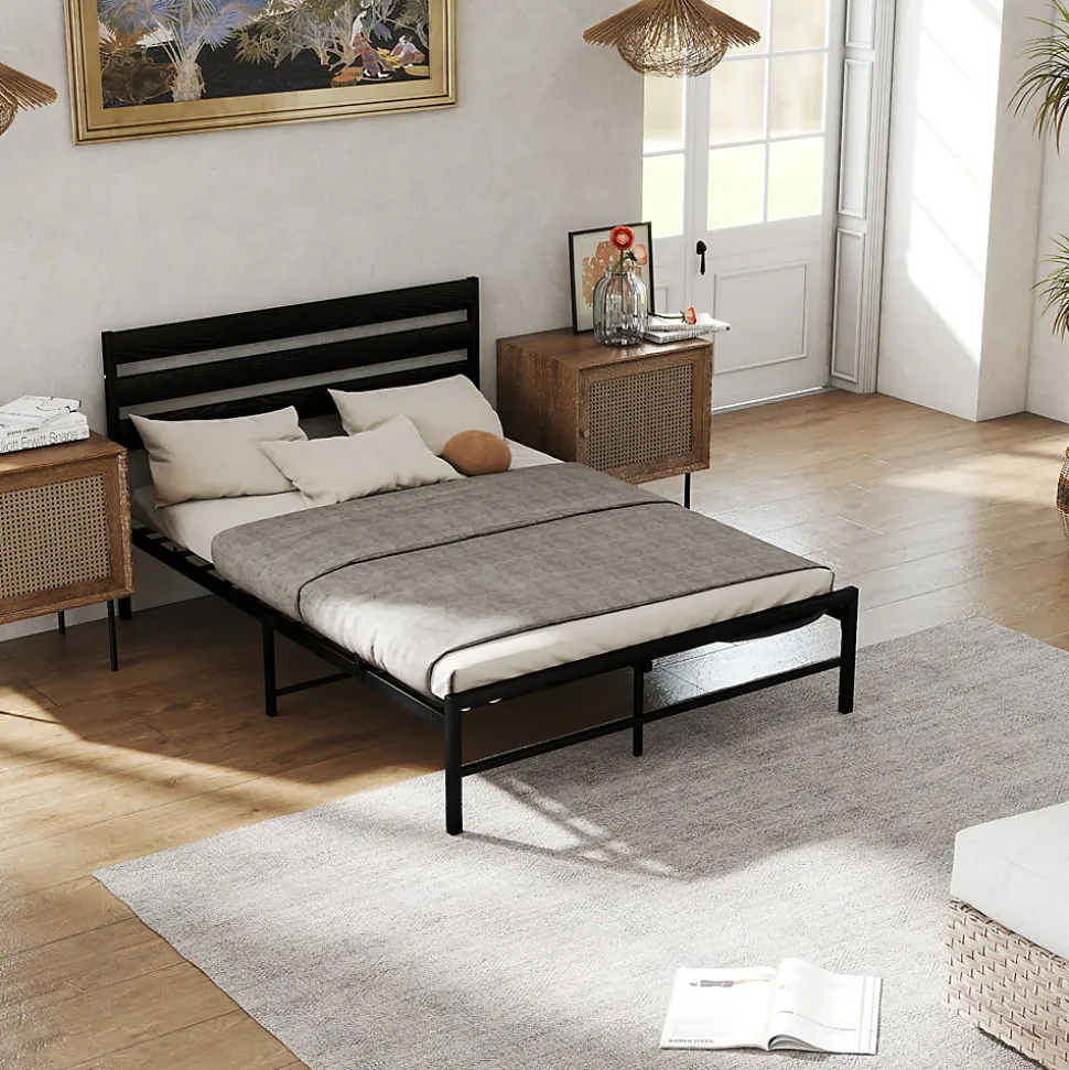 Lit en Métal Noir 140x200 cm - Lit Robuste et Moderne pour Chambre Ado - Sans Matelas - Cadre Métal