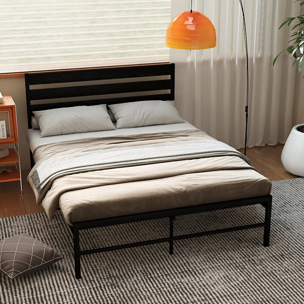 Lit en Métal Noir 140x200 cm - Lit Robuste et Moderne pour Chambre Ado - Sans Matelas - Cadre Métal