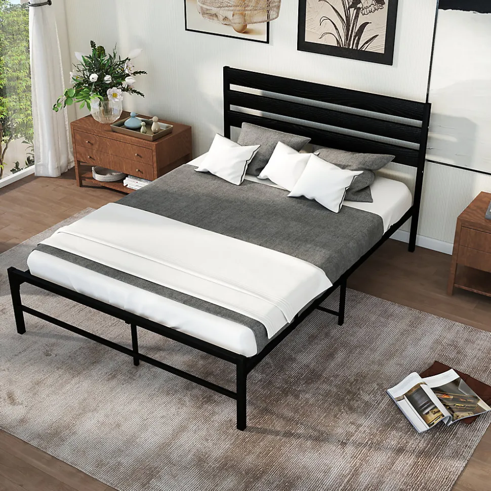 Lit en Métal Noir 140x200 cm - Lit Robuste et Moderne pour Chambre Ado - Sans Matelas - Cadre Métal