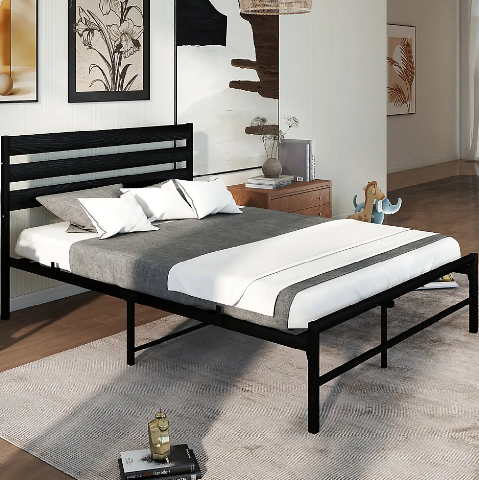 Lit en Métal Noir 140x200 cm - Lit Robuste et Moderne pour Chambre Ado - Sans Matelas - Cadre Métal