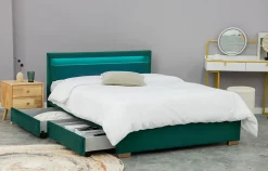 Lit en velours vert avec rangements et LED intégrées 160x200 cm - ENFIELD