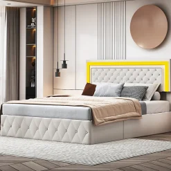 Lit en velours 140x200 cm avec rangements - Avec LED et sommier à lattes - Lit double avec rangements - Beige