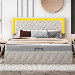 Lit en velours 140x200 cm avec rangements - Avec LED et sommier à lattes - Lit double avec rangements - Beige