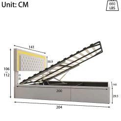Lit en velours 140x200 cm avec rangements - Avec LED et sommier à lattes - Lit double avec rangements - Beige