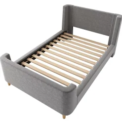 Lit Enfant - Lit Simple avec Design Traîneau et Revêtement Velours Motif Espace - Structure Métal et Bois Gris - 90 x 200 cm