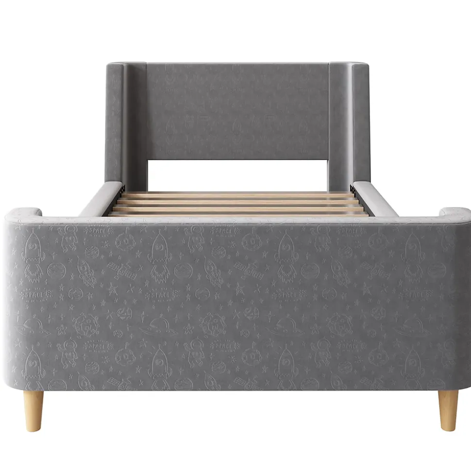Lit Enfant - Lit Simple avec Design Traîneau et Revêtement Velours Motif Espace - Structure Métal et Bois Gris - 90 x 200 cm
