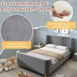 Lit Enfant - Lit Simple avec Design Traîneau et Revêtement Velours Motif Espace - Structure Métal et Bois Gris - 90 x 200 cm
