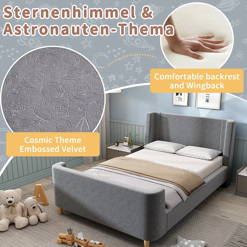 Lit Enfant - Lit Simple avec Design Traîneau et Revêtement Velours Motif Espace - Structure Métal et Bois Gris - 90 x 200 cm