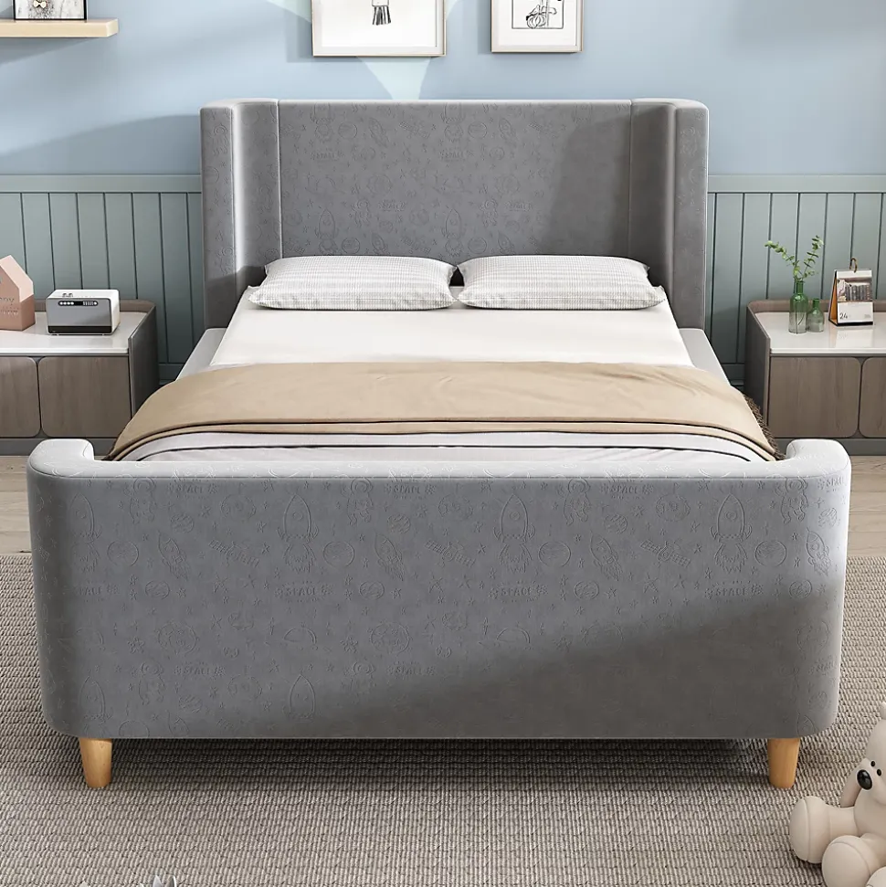 Lit Enfant - Lit Simple avec Design Traîneau et Revêtement Velours Motif Espace - Structure Métal et Bois Gris - 90 x 200 cm