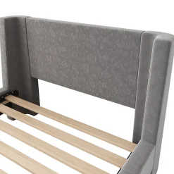 Lit Enfant - Lit Simple avec Design Traîneau et Revêtement Velours Motif Espace - Structure Métal et Bois Gris - 90 x 200 cm