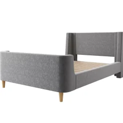 Lit Enfant - Lit Simple avec Design Traîneau et Revêtement Velours Motif Espace - Structure Métal et Bois Gris - 90 x 200 cm