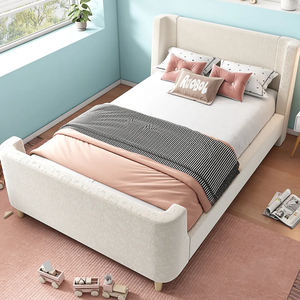 Lit Enfant - Lit Simple avec Design Traîneau et Revêtement Velours Motif Espace - Structure Métal et Bois Beige - 90 x 200 cm