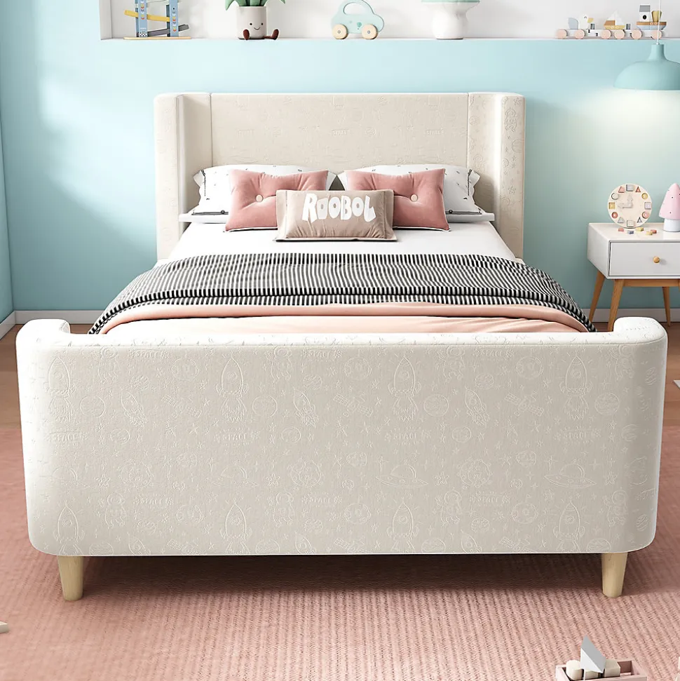 Lit Enfant - Lit Simple avec Design Traîneau et Revêtement Velours Motif Espace - Structure Métal et Bois Beige - 90 x 200 cm