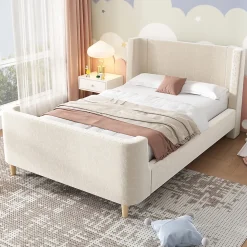 Lit Enfant - Lit Simple avec Design Traîneau et Revêtement Velours Motif Espace - Structure Métal et Bois Beige - 90 x 200 cm