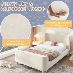 Lit Enfant - Lit Simple avec Design Traîneau et Revêtement Velours Motif Espace - Structure Métal et Bois Beige - 90 x 200 cm