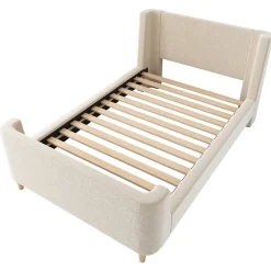 Lit Enfant - Lit Simple avec Design Traîneau et Revêtement Velours Motif Espace - Structure Métal et Bois Beige - 90 x 200 cm