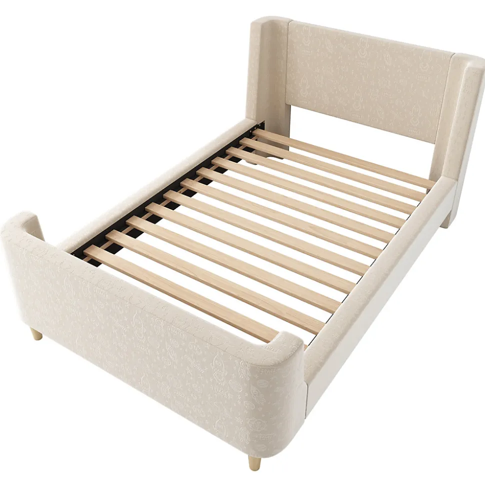 Lit Enfant - Lit Simple avec Design Traîneau et Revêtement Velours Motif Espace - Structure Métal et Bois Beige - 90 x 200 cm
