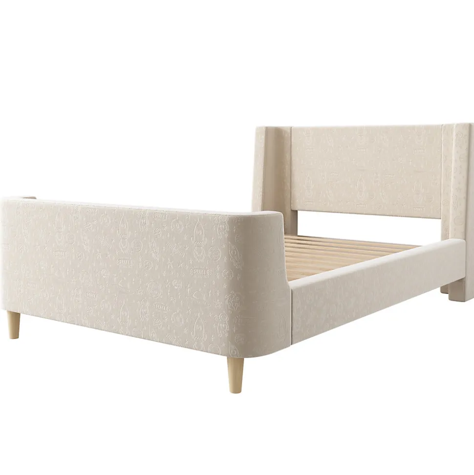 Lit Enfant - Lit Simple avec Design Traîneau et Revêtement Velours Motif Espace - Structure Métal et Bois Beige - 90 x 200 cm