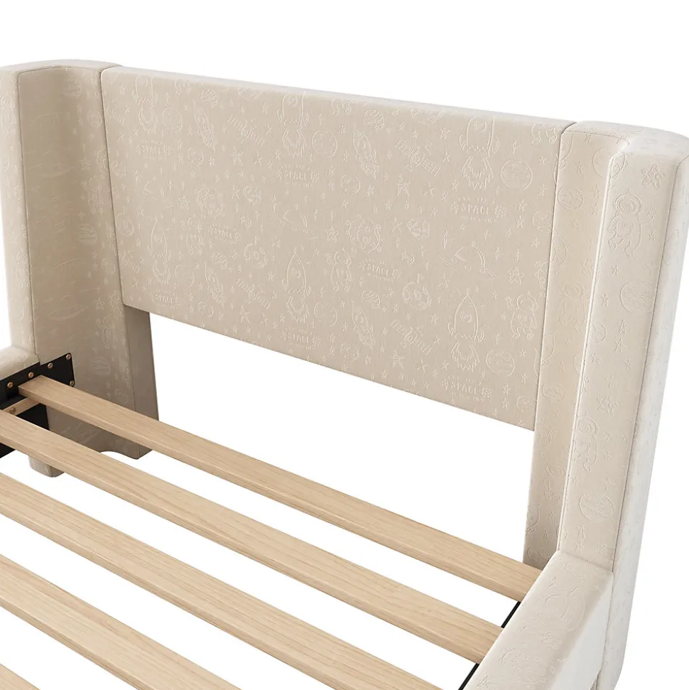 Lit Enfant - Lit Simple avec Design Traîneau et Revêtement Velours Motif Espace - Structure Métal et Bois Beige - 90 x 200 cm