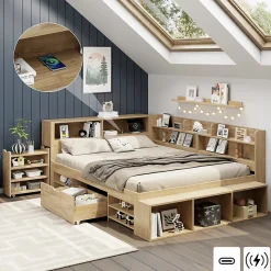 Lit enfant 140 x 200 cm - avec 1 tiroir - avec bibliothèque et rangement - sommier à lattes - naturel (matelas non inclus)