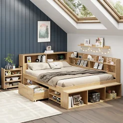 Lit enfant 140 x 200 cm - avec 1 tiroir - avec bibliothèque et rangement - sommier à lattes - naturel (matelas non inclus)