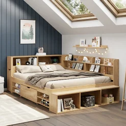 Lit enfant 140 x 200 cm - avec 1 tiroir - avec bibliothèque et rangement - sommier à lattes - naturel (matelas non inclus)